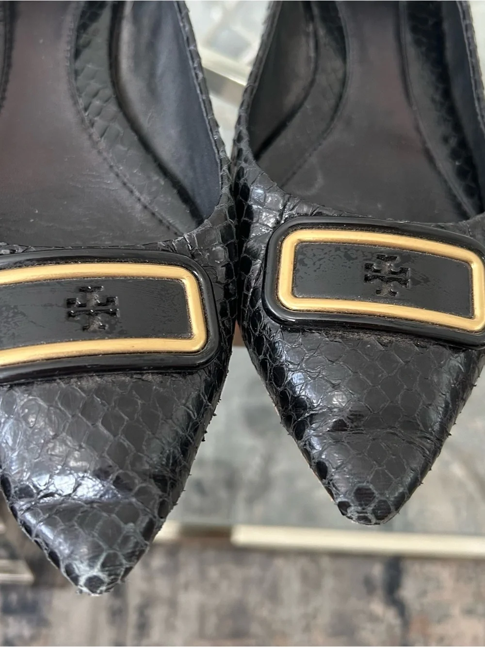 Tory Burch Black Pointed Snake-Embossed Leather Flats with Gold Plaque